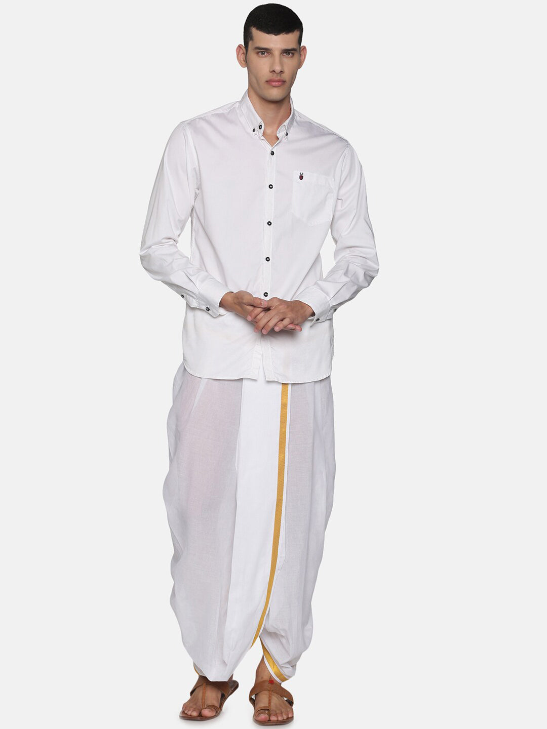 Sethukrishna Men White & Gold-Coloured Solid Readymade Cotton Dhoti Pant | Swadesiicart