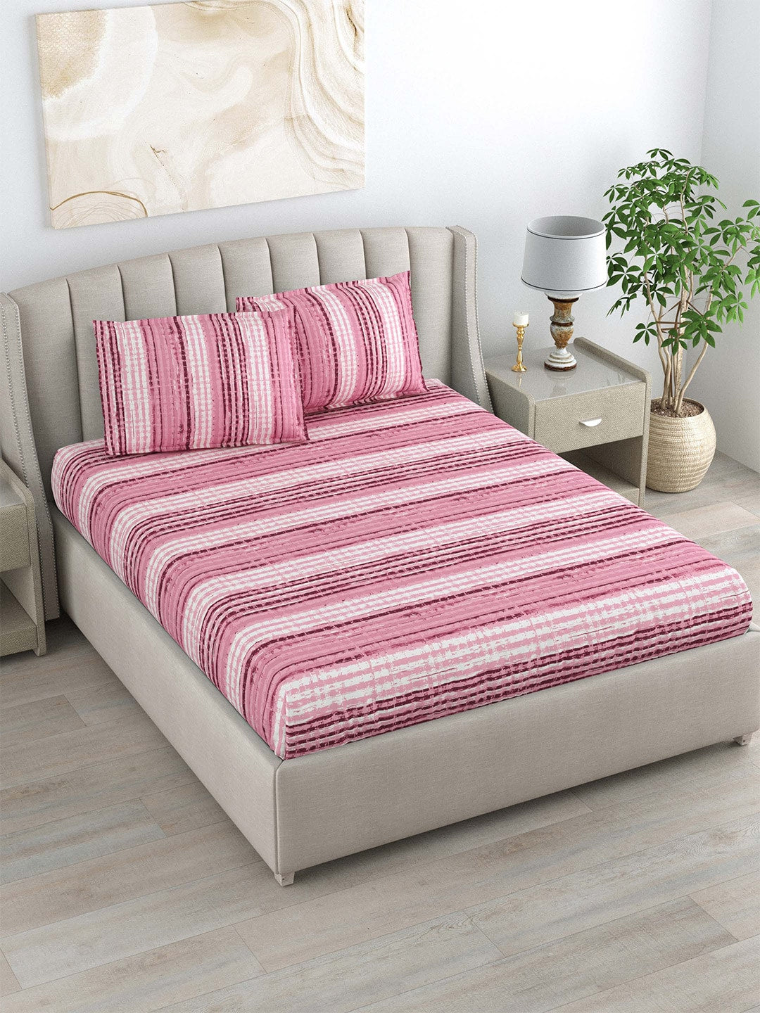 DREAM WEAVERZ Pink Striped Pure Cotton 220 TC King Bedsheet With 2 Pillow Covers - Swadesiicart