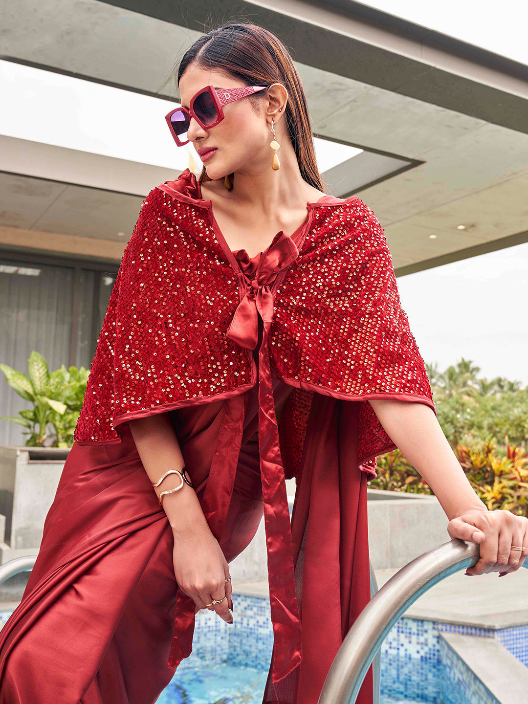 Tikhi Imli Party Satin Saree With Sequined Cape | Swadesiicart