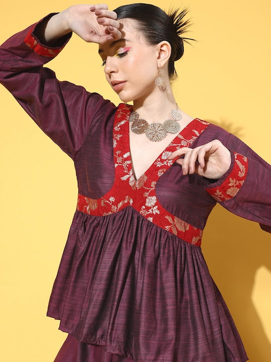 InWeave Women's Wine Red Brocade Mughal Shaan Kurta Palazzo Set - Swadesiicart
