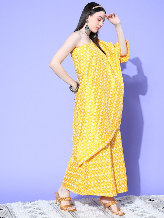 InWeave Women's Light Yellow Mirror Work Oneshoulder Kurta Set - Swadesiicart