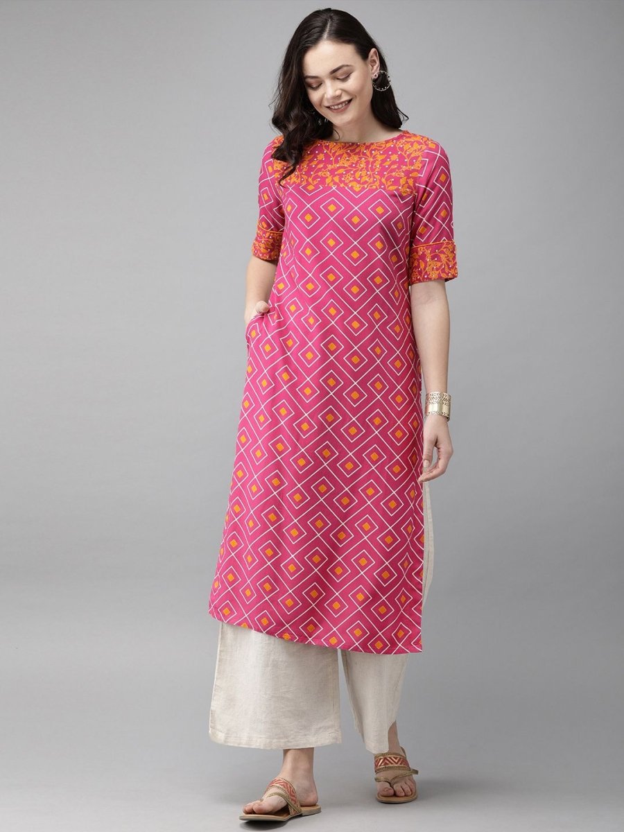 Anouk Women Pink & Mustard Yellow Printed Straight Kurta - Swadesiicart