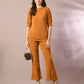 Myshka Women's Mustard Solid Boat Neck Party Top With Trousers Co-ord set - Swadesiicart