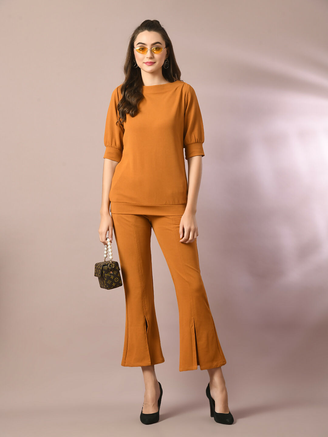 Myshka Women's Mustard Solid Boat Neck Party Top With Trousers Co-ord set - Swadesiicart