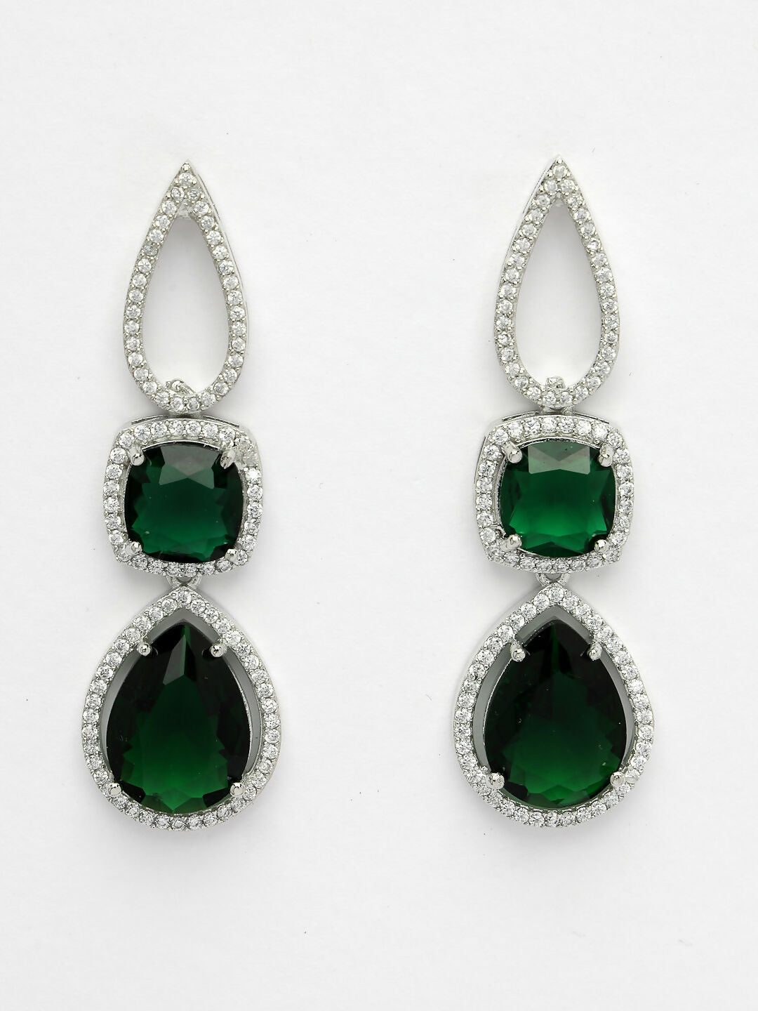 NVR Women's Green & Silver-Plated American Diamond Handcrafted Jewellery Set - Swadesiicart