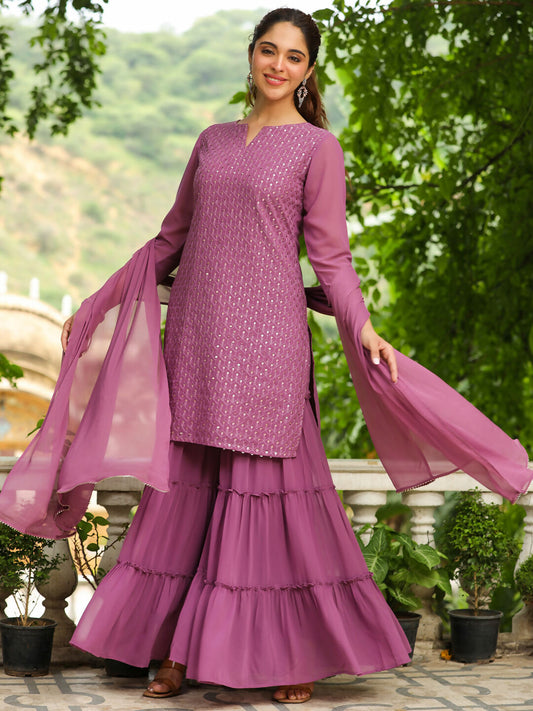 Janasya Lavender Georgette Embroidered Kurta,Bottom & Dupatta | Swadesiicart