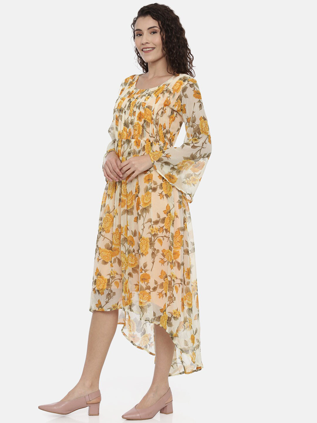 Souchii Women Cream-Coloured Floral Printed A-Line Dress - Swadesiicart