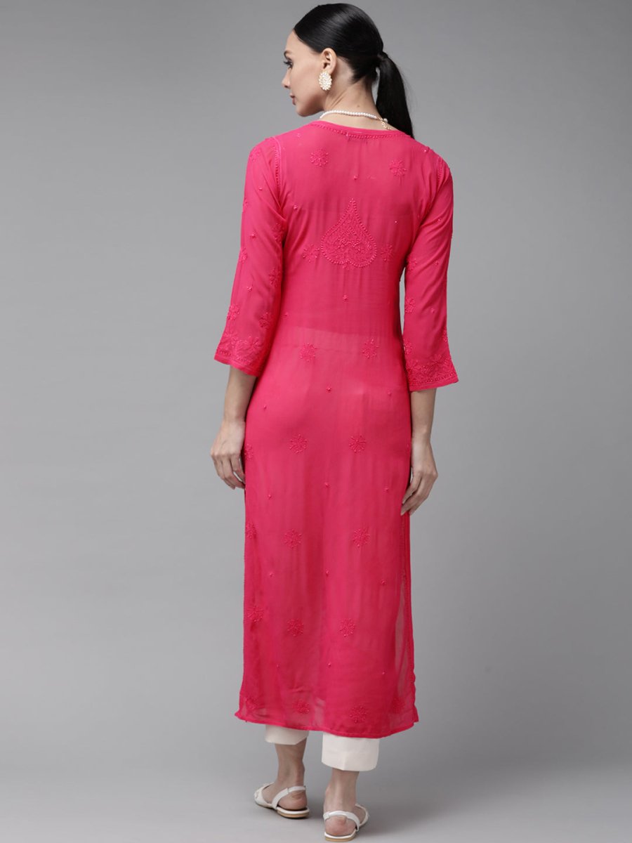ADA Women Magenta & Magenta Ethnic Motifs Embroidered Chikankari Georgette Kurta | Swadesiicart