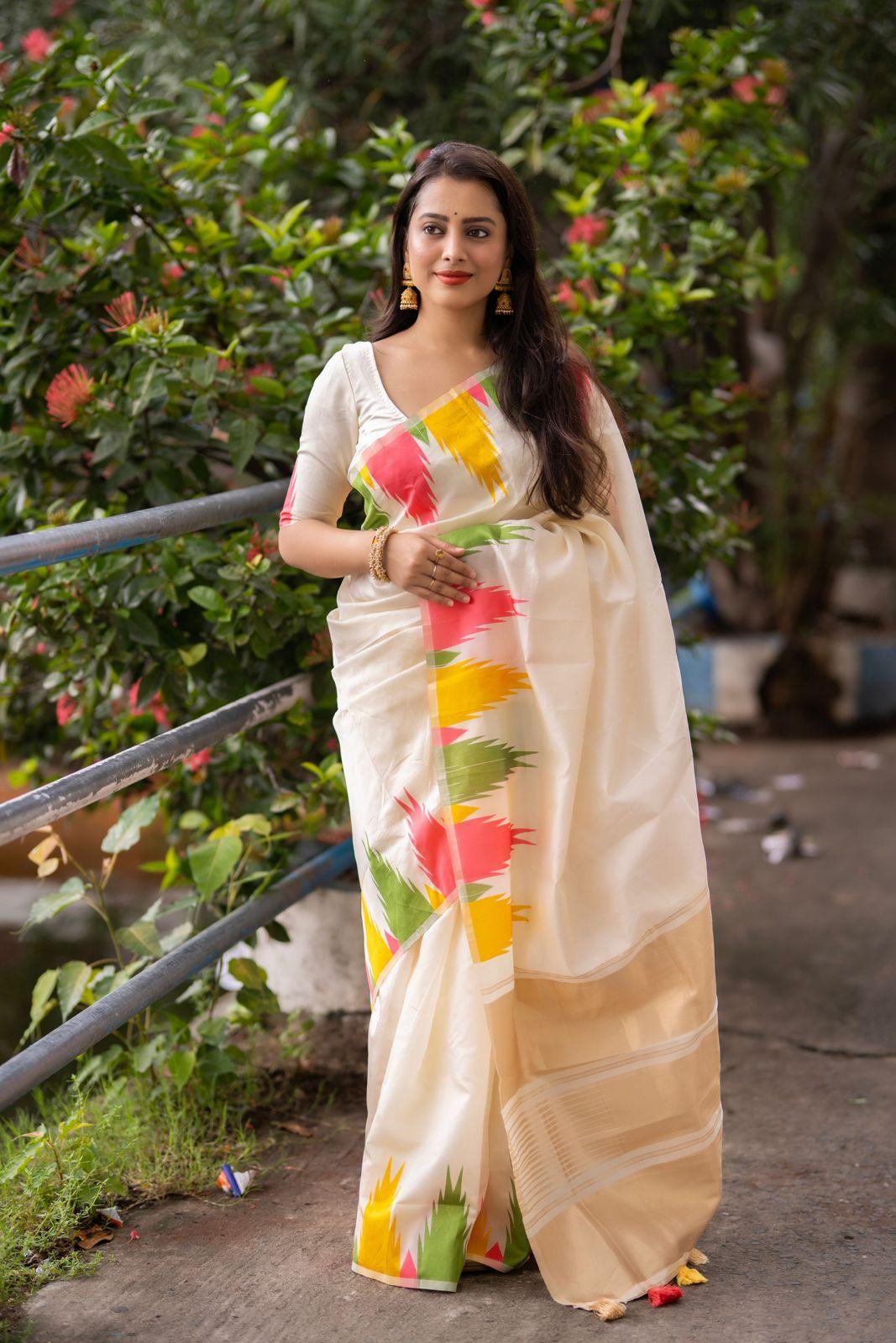 Cream Polycotton Woven Design Saree with Unstitched Blouse - Hiral Fashion | Swadesiicart