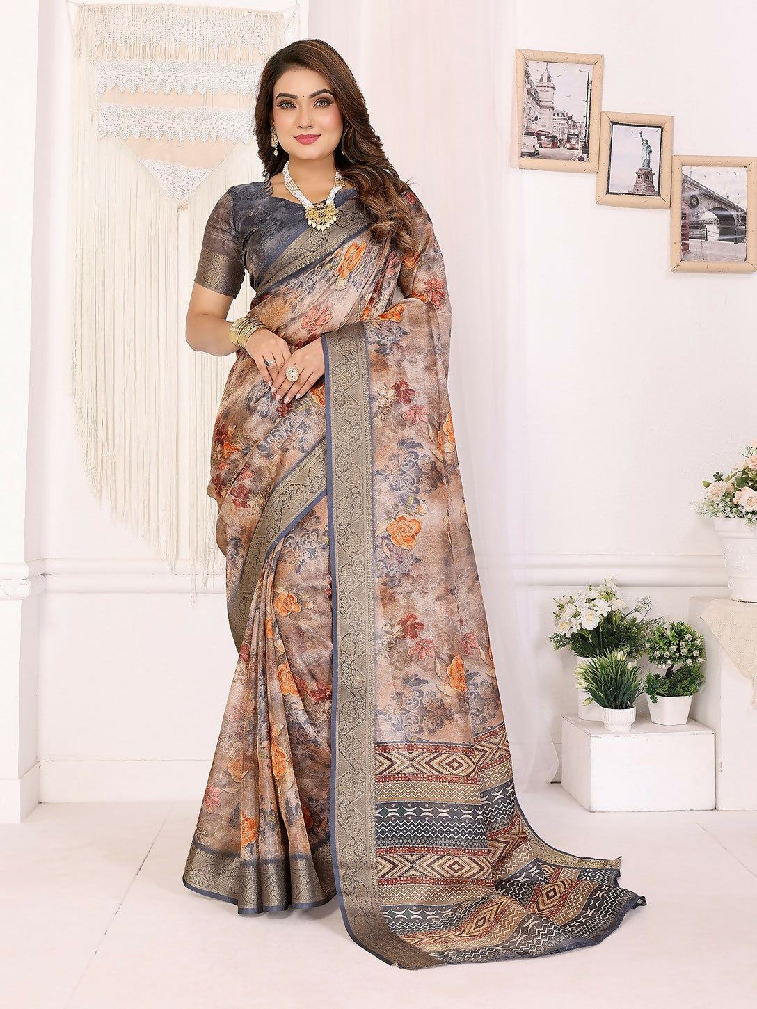 Joban Fashion Grey Floral Print pattern Banarasi Silk Sarees | Swadesiicart