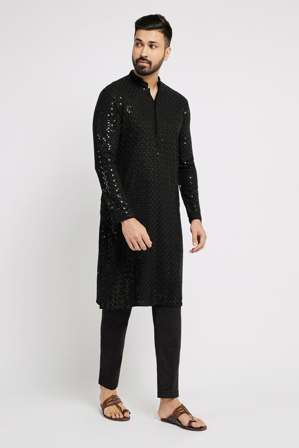 Ethnic India Black Men's Kurta Embellished Viscose Rayon | Swadesiicart