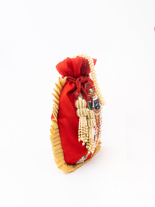 NR By Nidhi Rathi Red & White SHRINATHJI Embroidered Potli Clutch - Swadesiicart