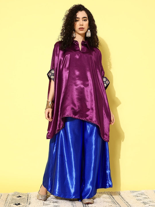 InWeave Women's Wine Navy Brocade Satin Boho Blue Palazzo Set - Swadesiicart