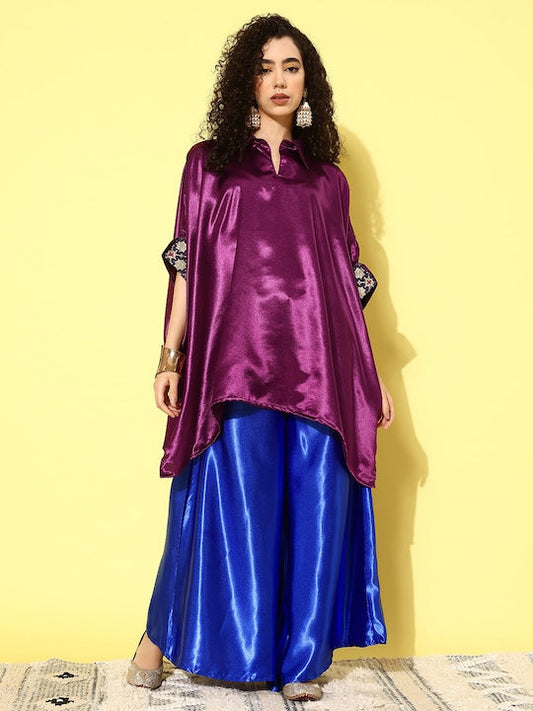 InWeave Women's Wine Navy Brocade Satin Boho Blue Palazzo Set - Swadesiicart