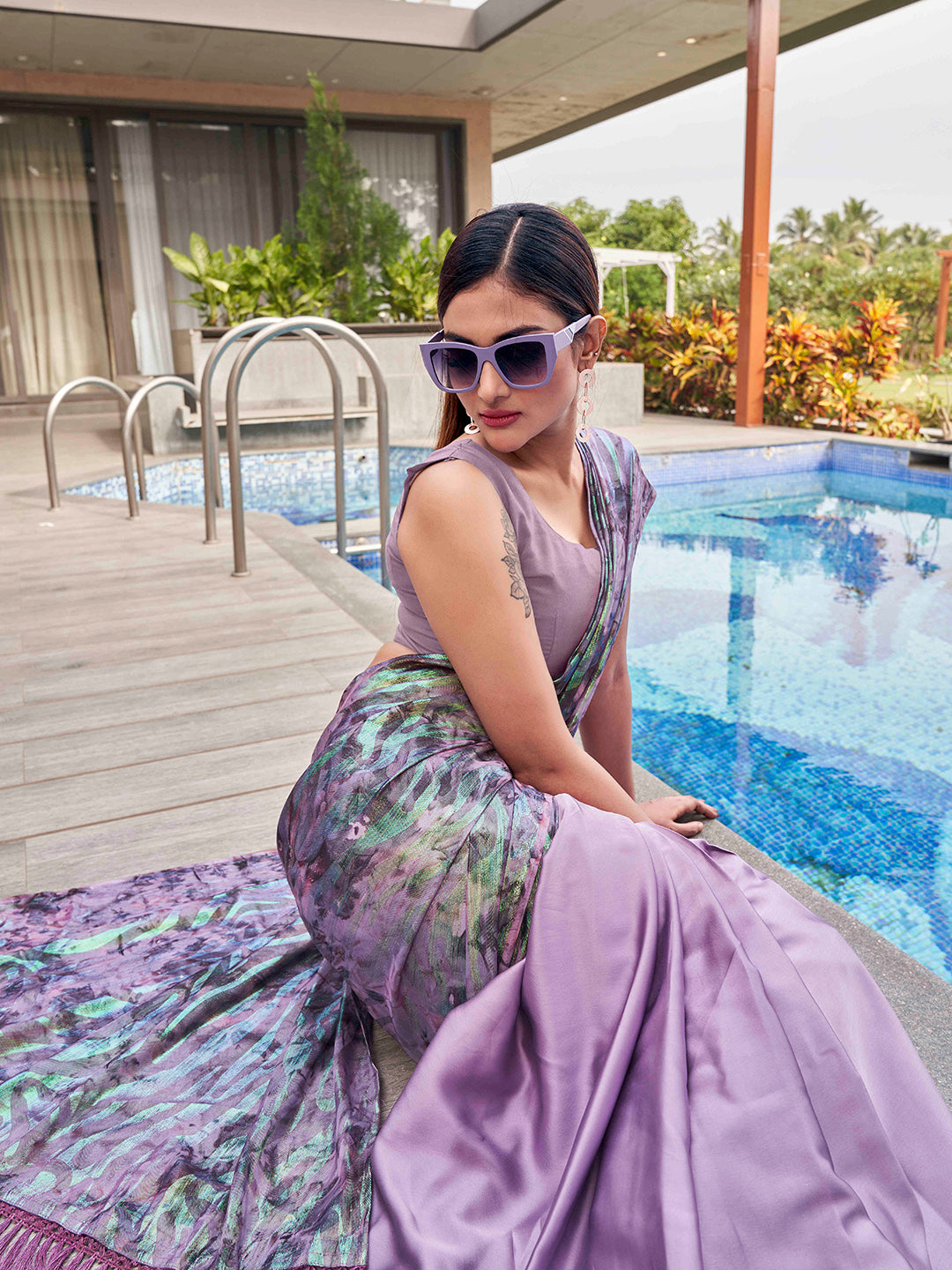 Tikhi Imli Mauve Abstract Printed Satin Half and Half Saree | Swadesiicart