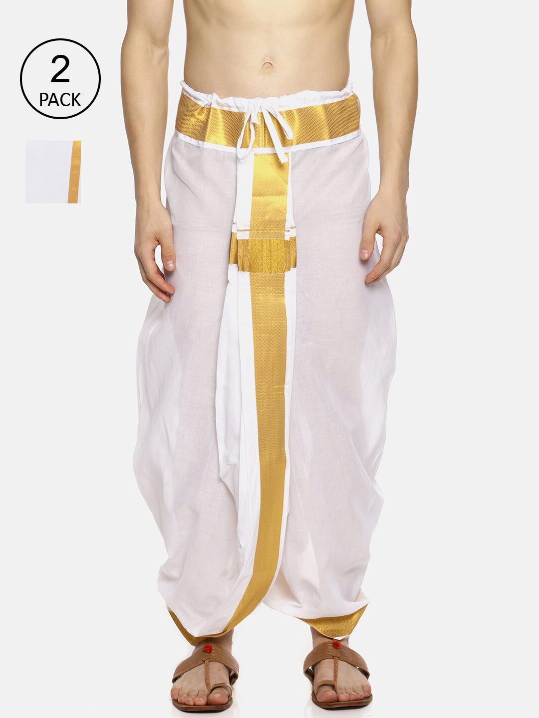 Sethukrishna Men Pack Of 2 White Solid Cotton Readymade Dhoti Pants | Swadesiicart