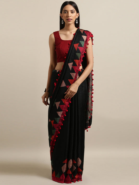 Tikhi Imli Black & Red Polycotton Printed Saree | Swadesiicart