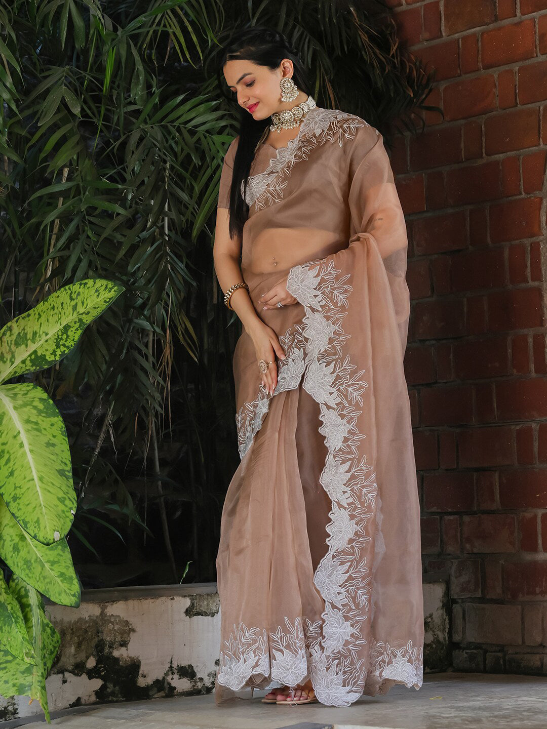 Tikhi Imli Beige Embroidered Organza Saree | Swadesiicart