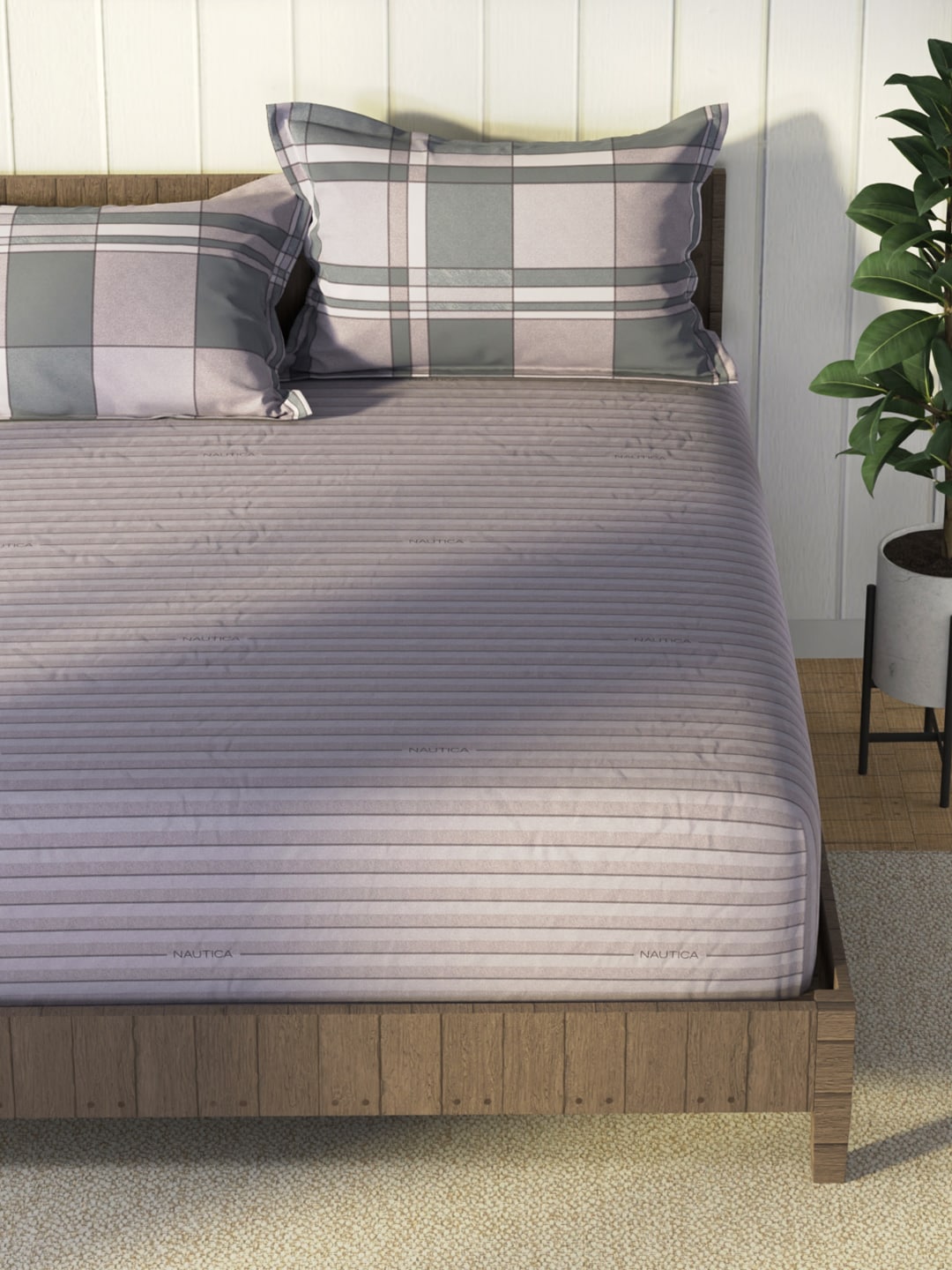 Nautica Grey & Blue Striped Cotton 160 TC King Bedsheet With 2 Pillow Covers - Swadesiicart