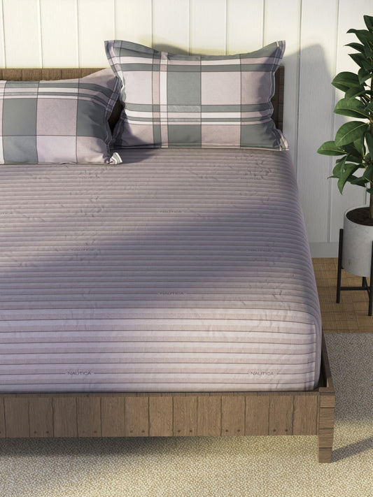 Nautica Grey & Blue Striped Cotton 160 TC King Bedsheet With 2 Pillow Covers - Swadesiicart