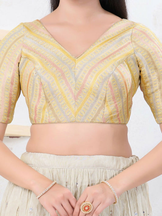 Joban Fashion Gold Jacquard Elbow Sleeveless Back Open Blouse - Swadesiicart