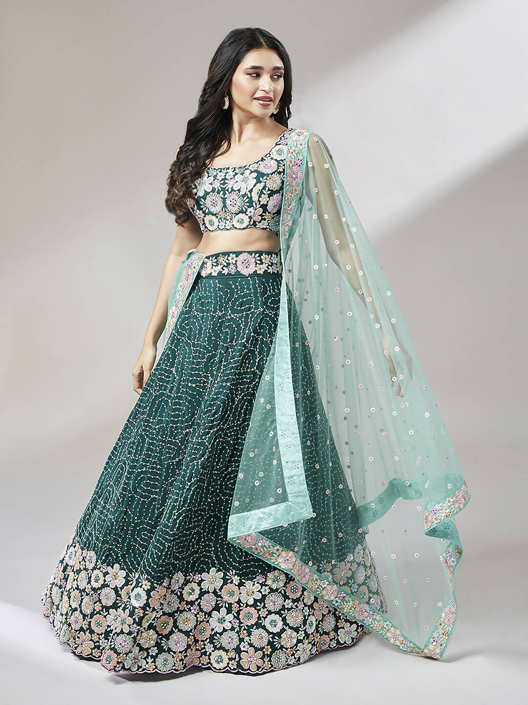 House of Panchhi Teal Georgette heavy Sequinse embroidery Lehenga choli & Dupatta | Swadesiicart