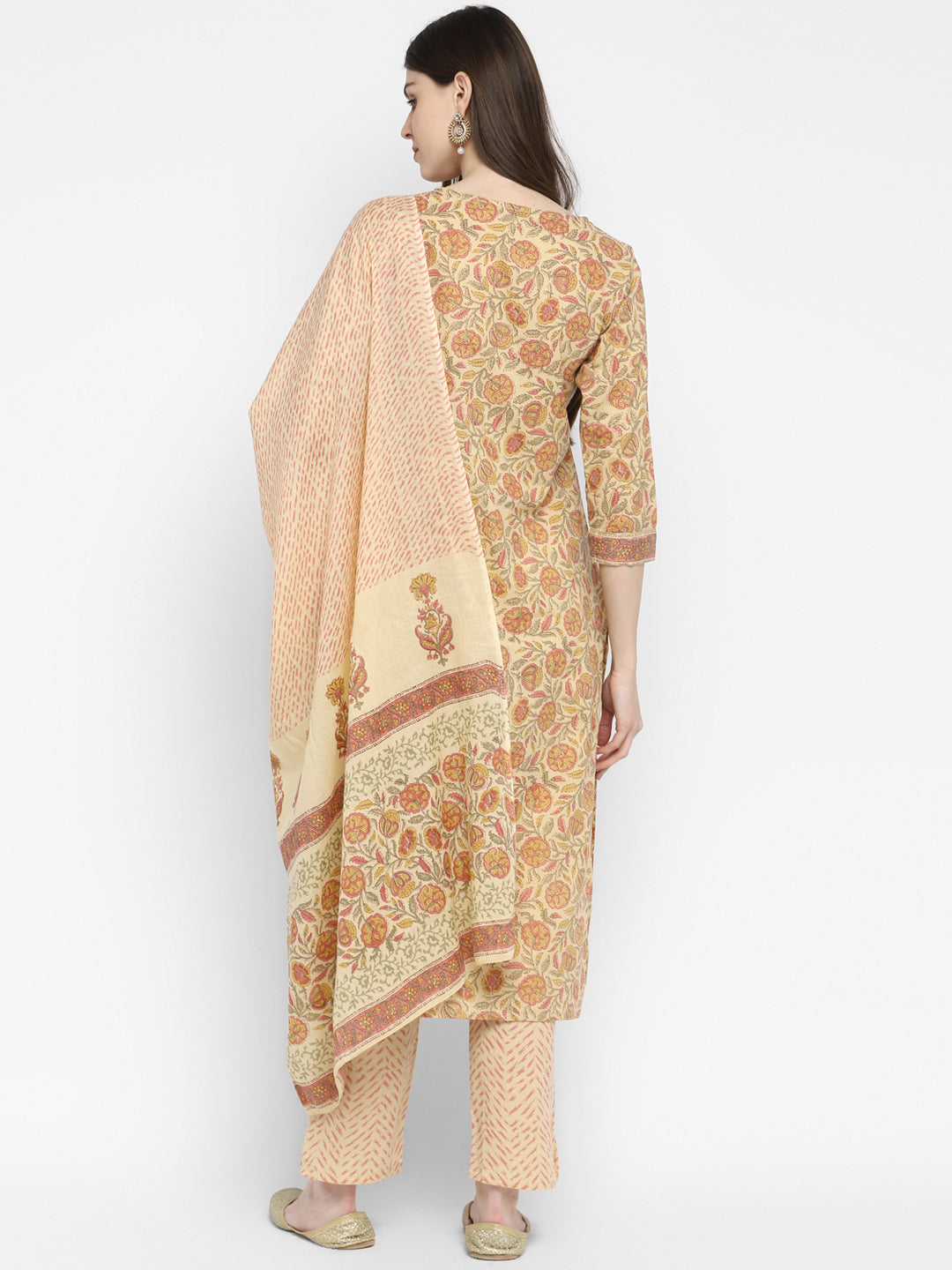 NOZ2TOZ Women Cream Cotton Kurta with Pant & Dupatta (3pcs Set) - Swadesiicart