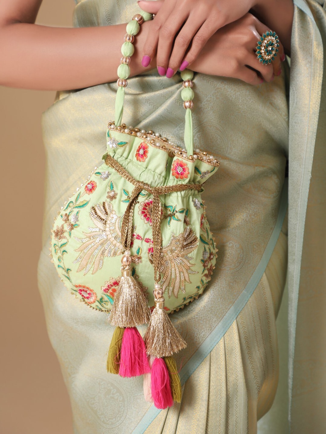 Masq Green & Red Embroidered Potli Clutch - Swadesiicart