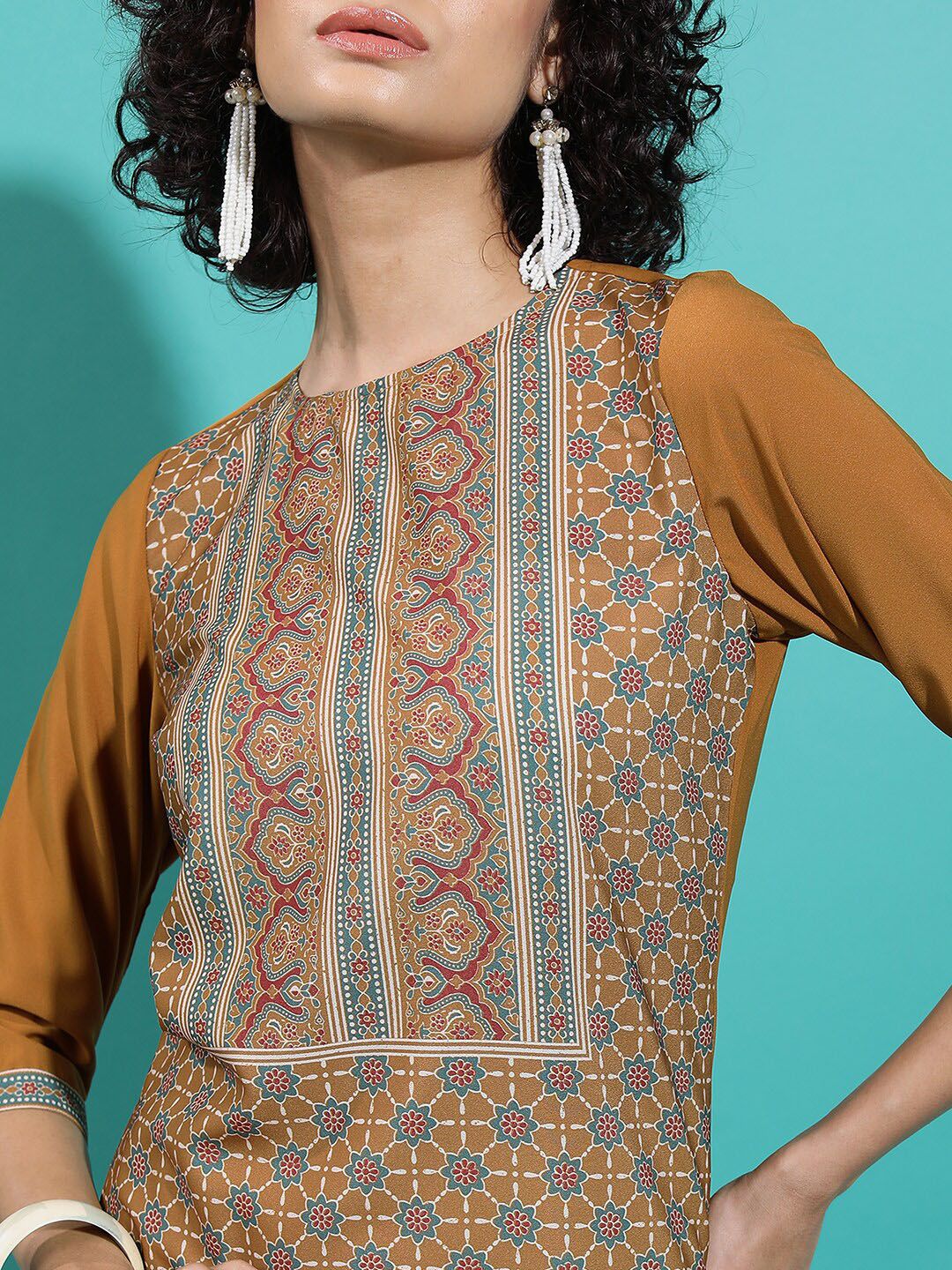 Vishudh Rust Ethnic Motifs Printed Straight Kurta - Swadesiicart