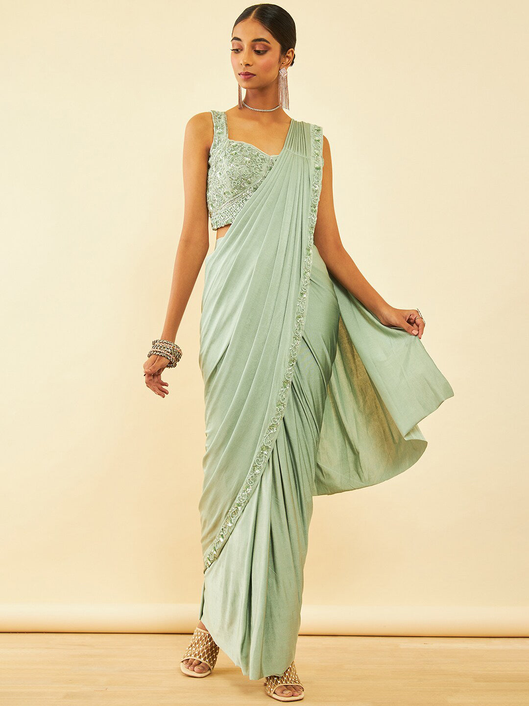 Soch Green Beads and Stones Embellished Ready to Wear Saree | Swadesiicart