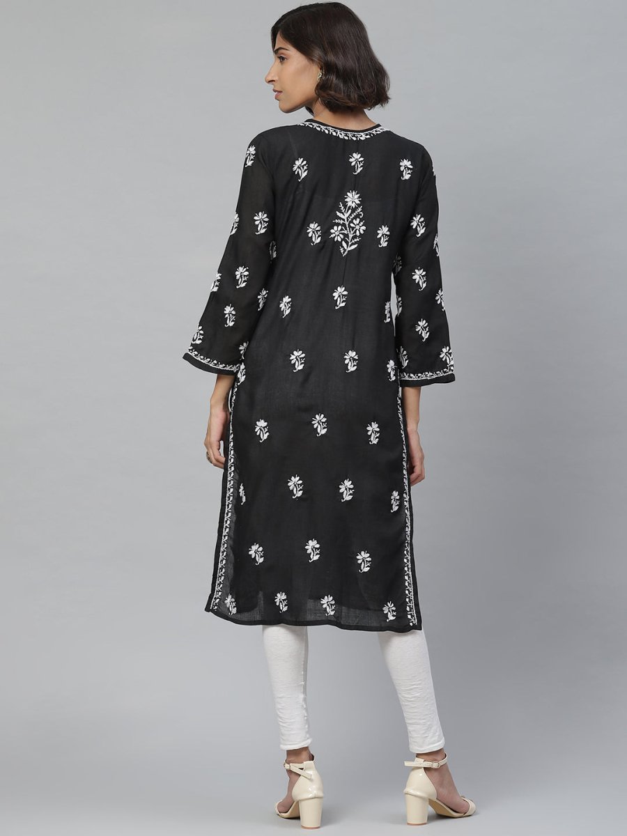 ADA Women Black & White Chikankari Embroidered Straight Sustainable Handloom Kurta | Swadesiicart