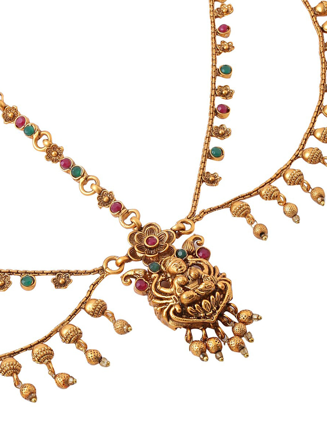 Yellow Chimes Gold-Polished Red & Green Stone-Studded Layered Bridal Traditional Mathapatti | Swadesiicart