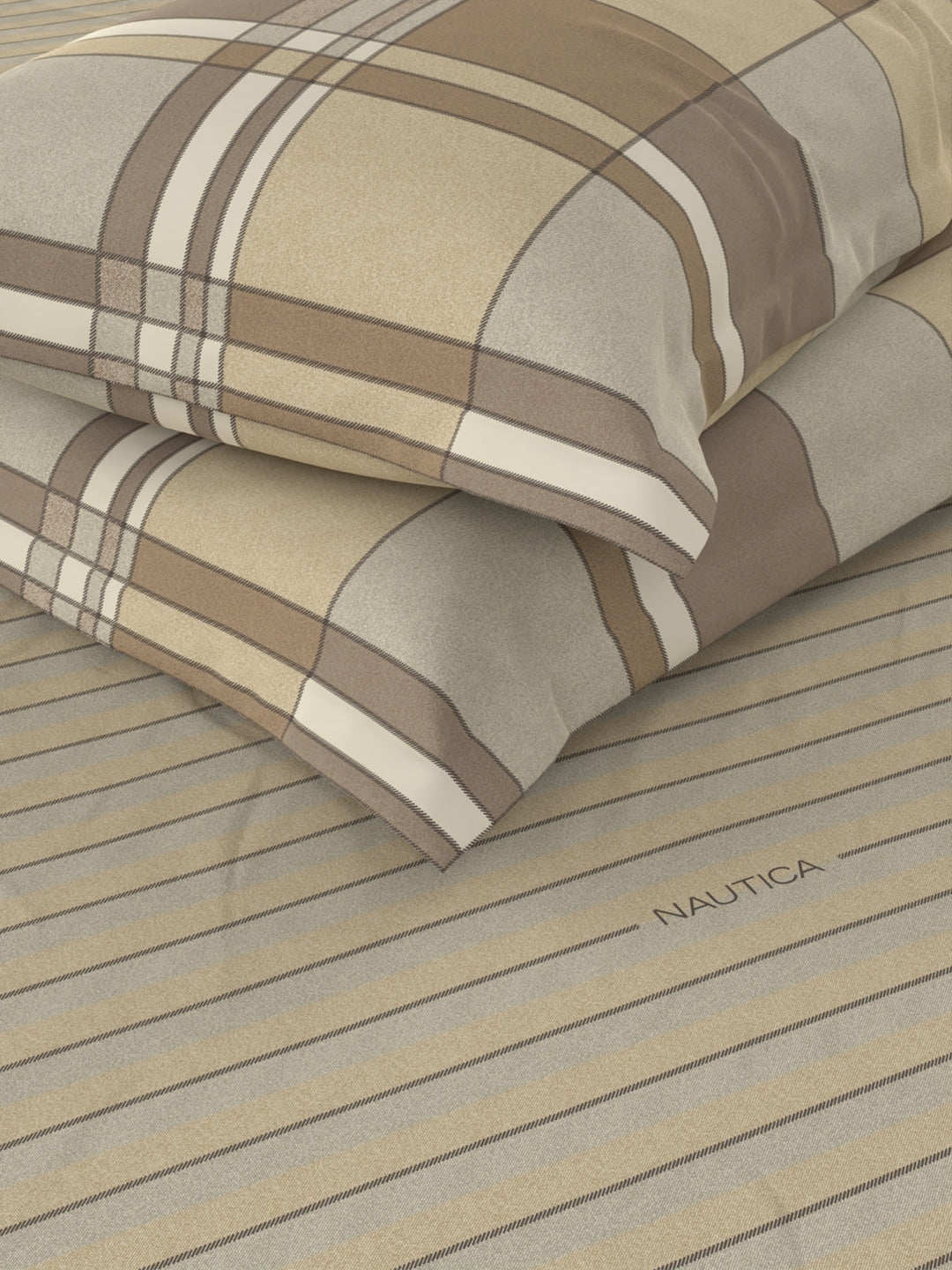 Nautica Brown & Brown Striped Cotton 160 TC King Bedsheet With 2 Pillow Covers - Swadesiicart