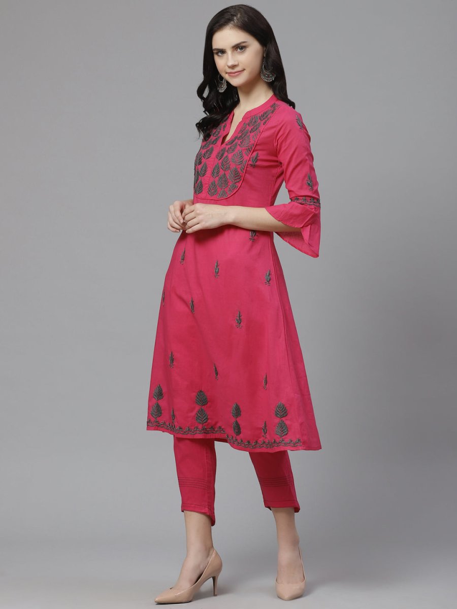 ADA Women Pink & Charcoal Grey Chikankari Embroidered Sustainable Handloom Kurta with Trousers | Swadesiicart