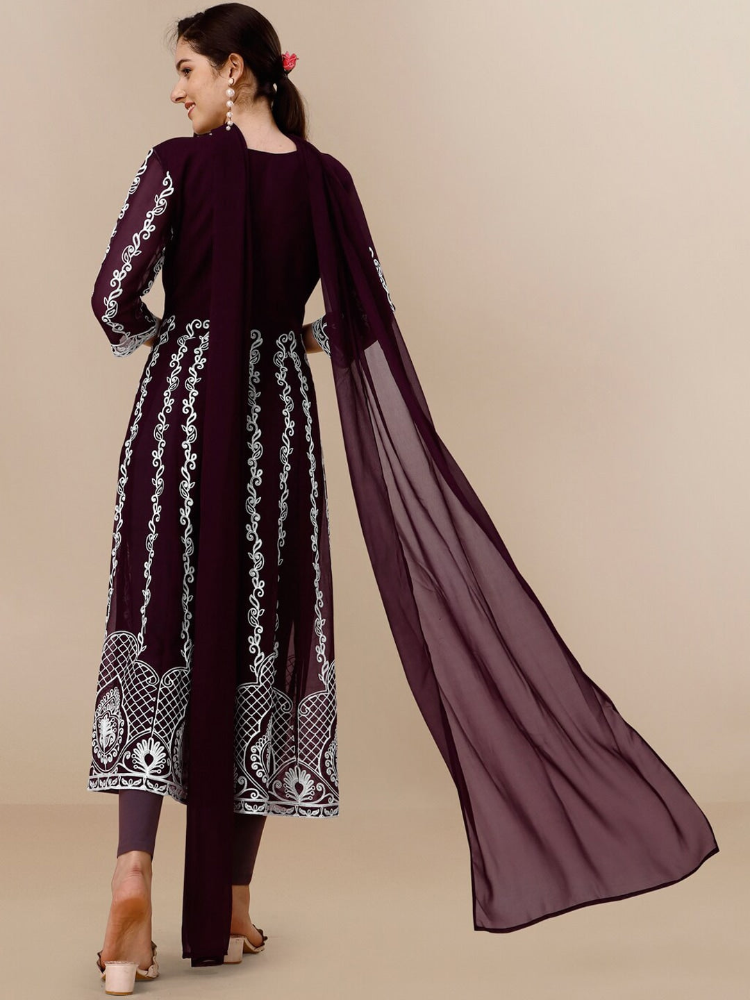 HERE&NOW Floral Lucknowi Chikankari Embroidered Georgette Anarkali Kurta with Dupatta | Swadesiicart