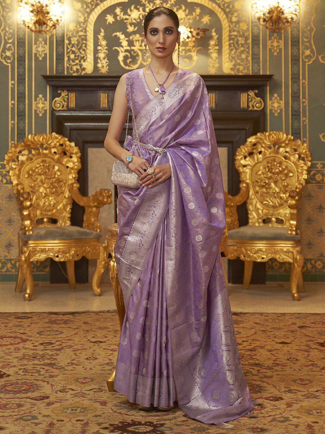 Mitera Lavender & Gold-Toned Ethnic Motifs Zari Silk Blend Banarasi Saree | Swadesiicart
