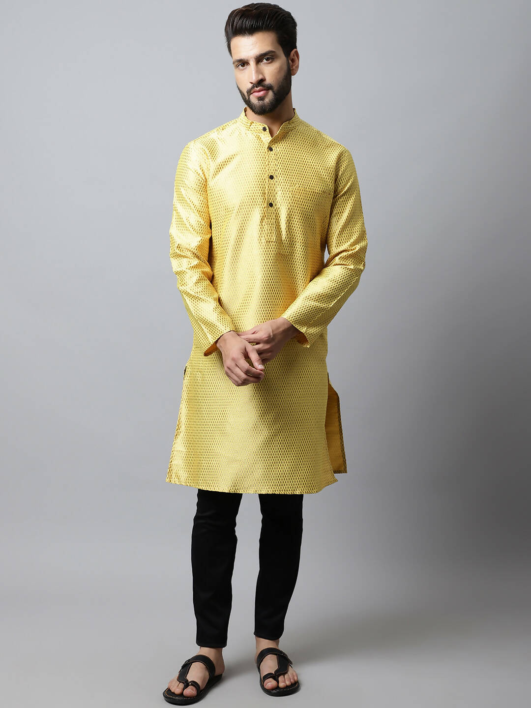 Even Apparels Yellow Color Art Silk Banarsi Silk Men's Kurta With Band Collar (BS017) | Swadesiicart