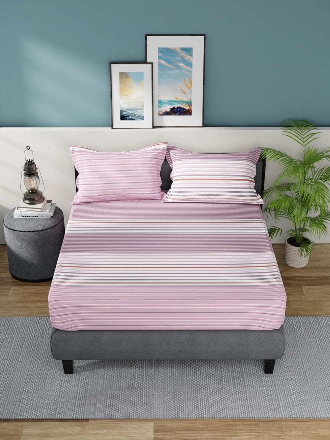Nautica Bradford Pink & White Striped Cotton 160 TC King Bedsheet with 2 Pillow Covers - Swadesiicart