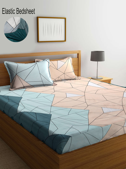 KLOTTHE Blue & Pink Geometric 300 TC King Fitted Bedsheet With 2 Pillow Covers - Swadesiicart
