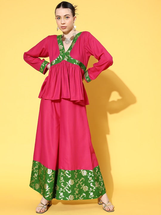 InWeave Women's Fuchsia Green Brocade Mughal Shaan Kurta Palazzo Set - Swadesiicart