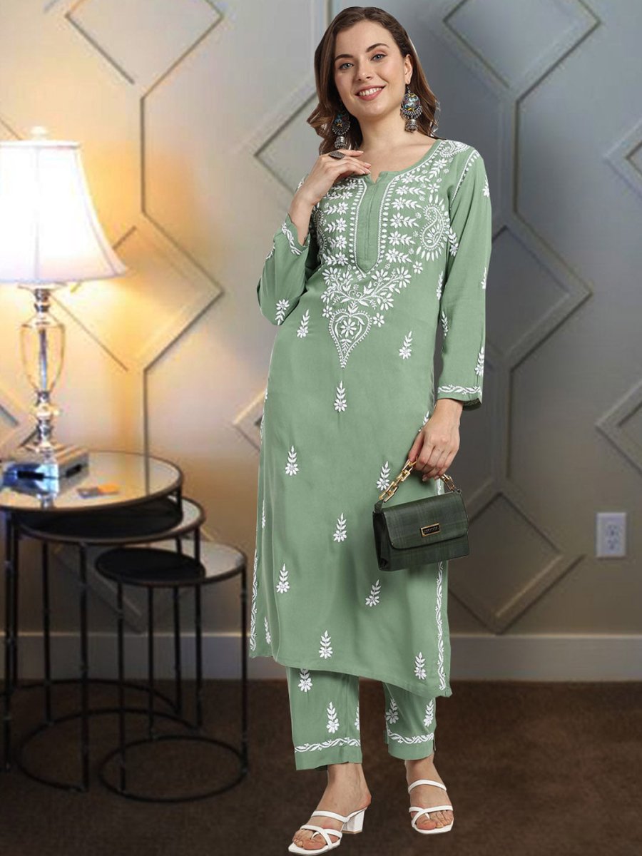 ADA Ethnic Motifs Embroidered Chikankari Kurta with Trousers | Swadesiicart