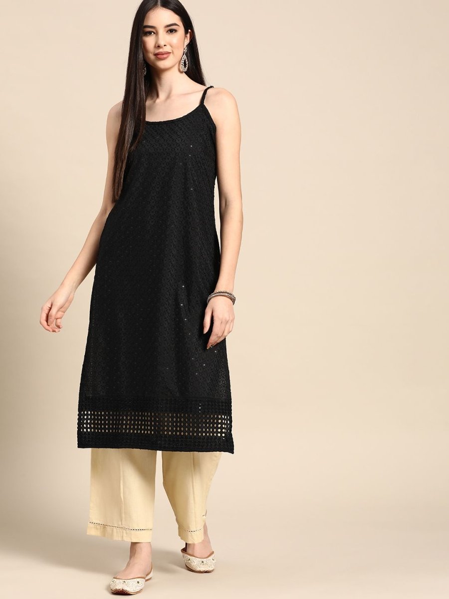 Anouk Women Black Cotton Ethnic Motifs Schiffli Embroidered Fusion Kurta - Swadesiicart