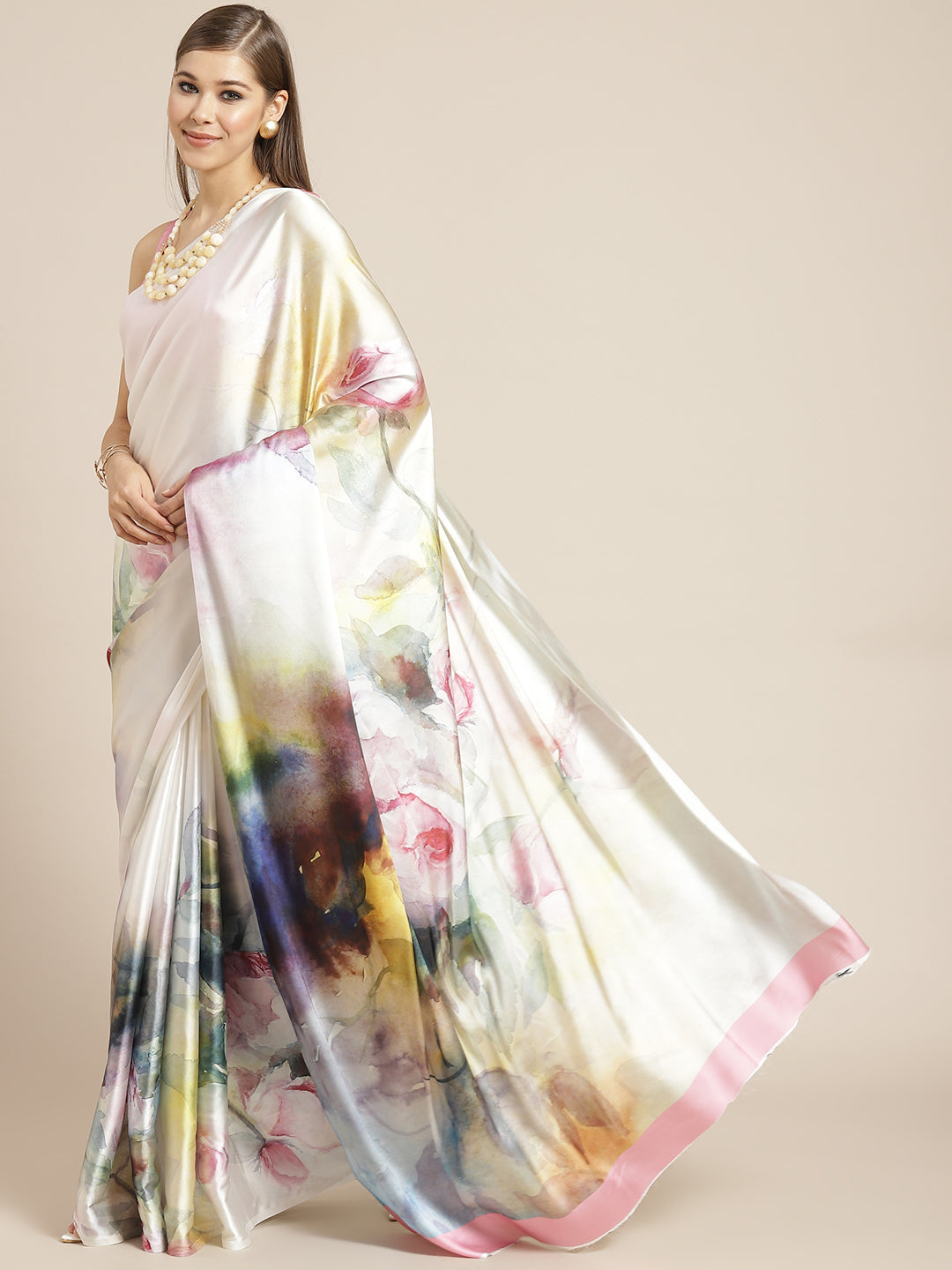 Tikhi Imli White & Pink Digital Floral Print Saree | Swadesiicart
