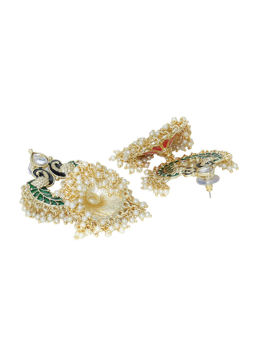 Shoshaa Gold-Polished Green Enamelled Peacock Shaped Jhumkas | Swadesiicart