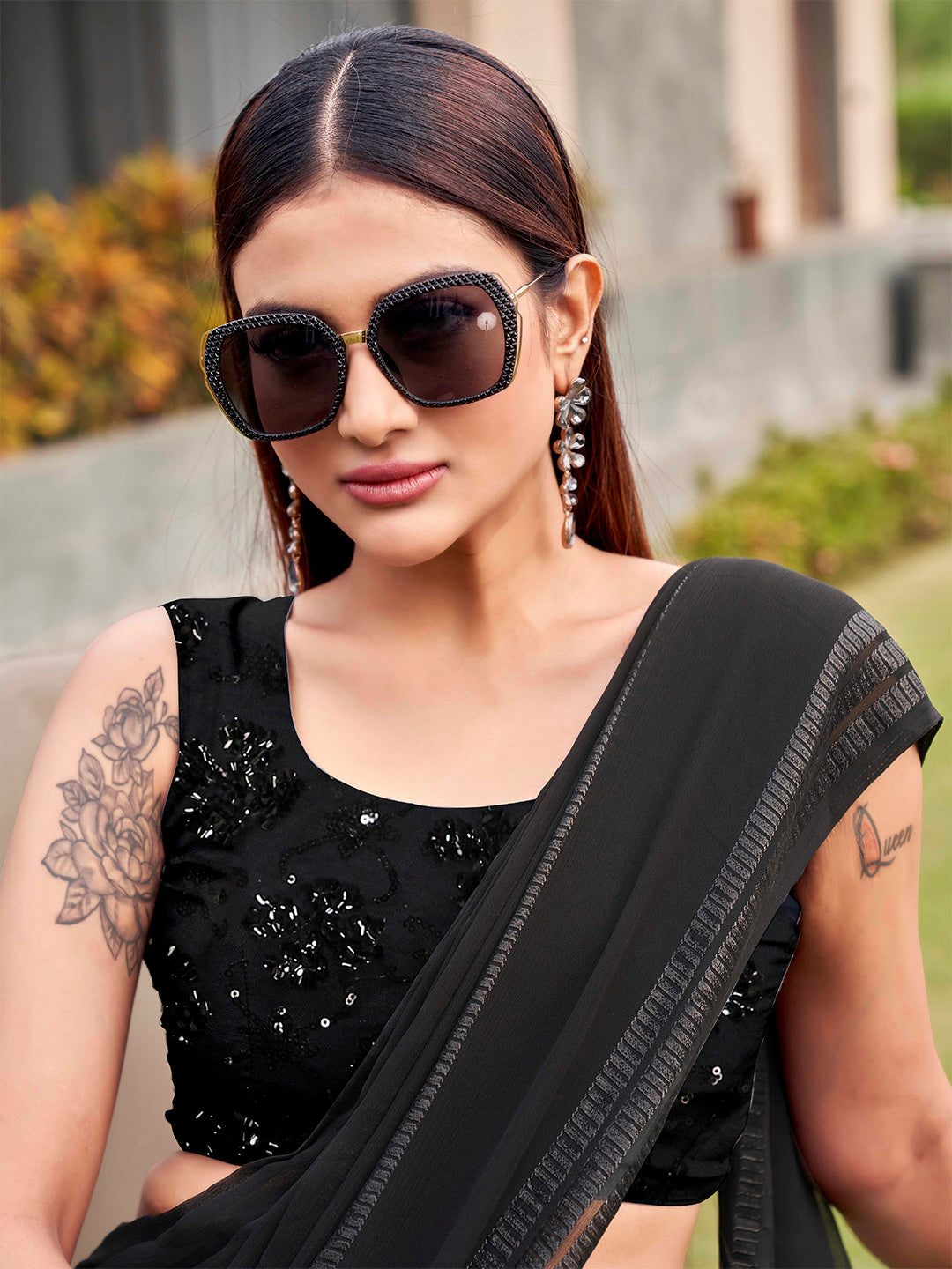 Tikhi Imli Black Striped Sequinned Saree | Swadesiicart