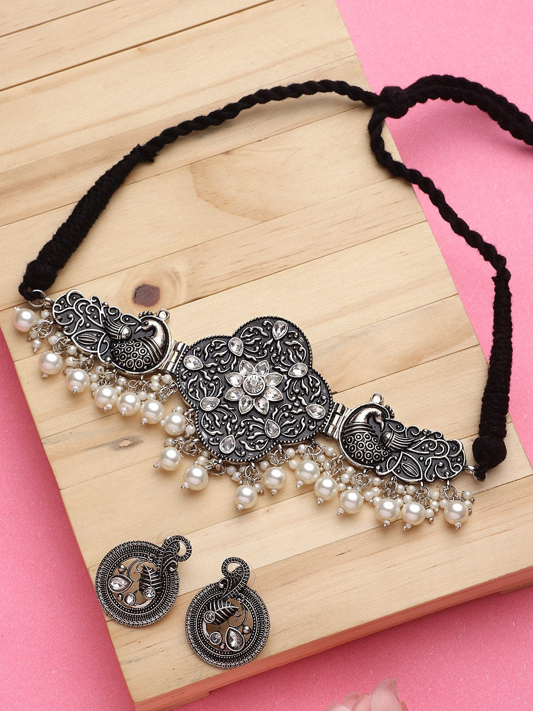 Cardinal Silver-Toned Black Colored Oxidized Choker Jewellery Set | Swadesiicart