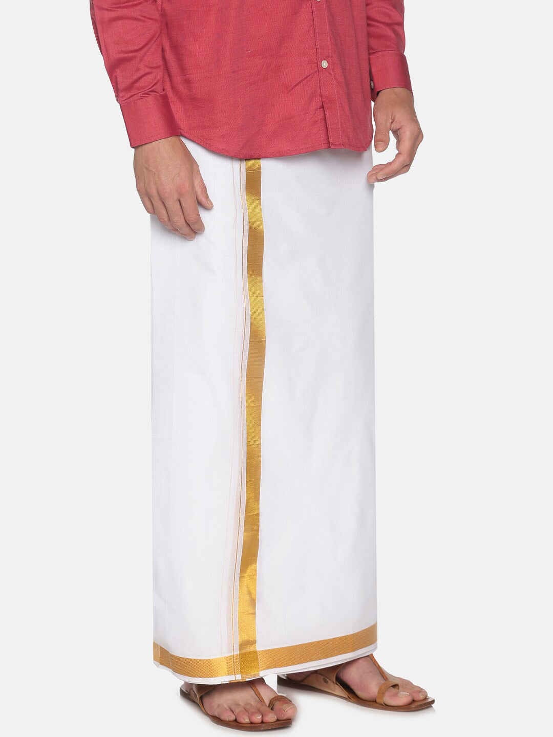 Sethukrishna Men White & Gold-Coloured Solid Cotton Dhoti | Swadesiicart