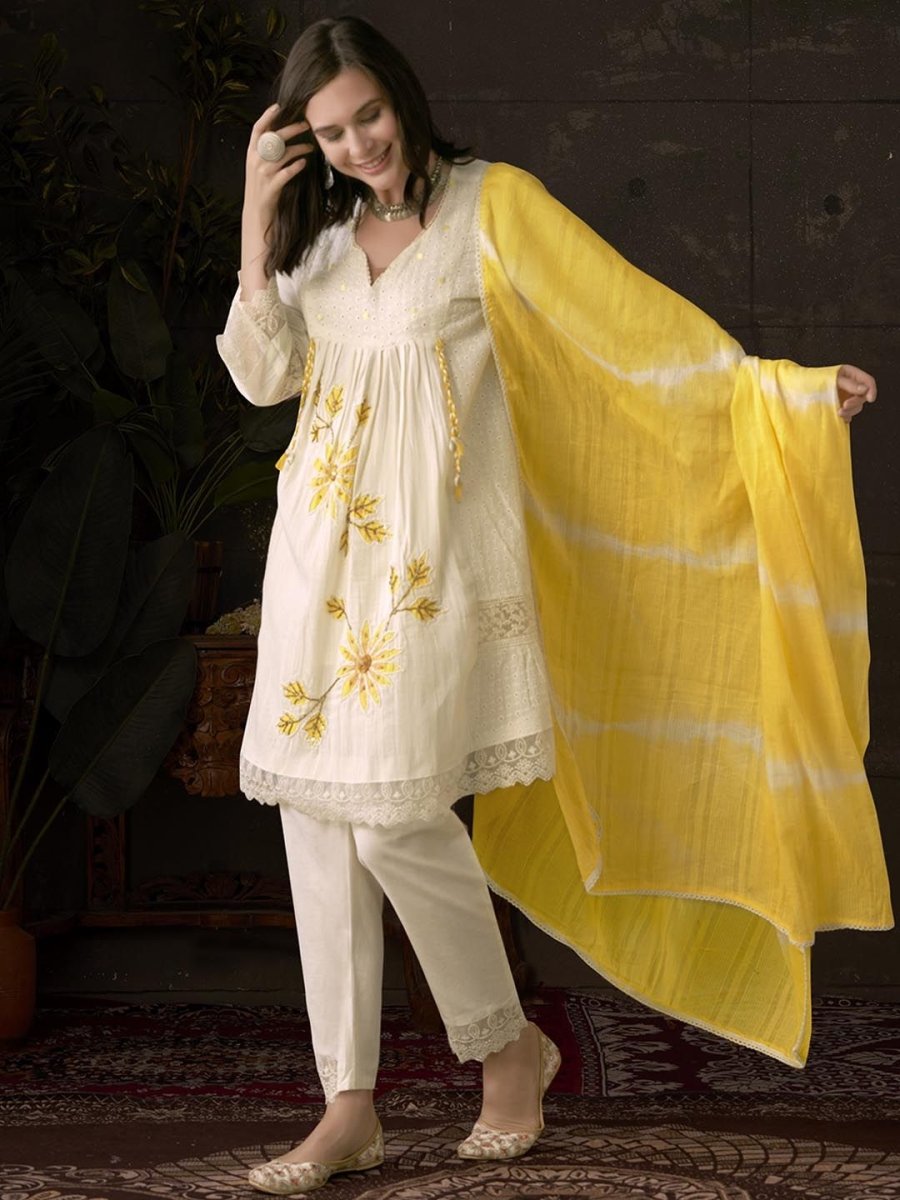 Anouk Embroidered Pleated Chikankari Pure Cotton A-Line Kurta With Trousers & Dupatta | Swadesiicart