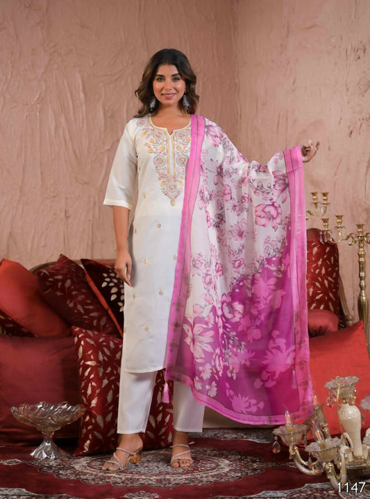 Ethnic Festive Wear Viscose Chanderi Off White Stitched Suit With Dupatta - Tanisha | Swadesiicart