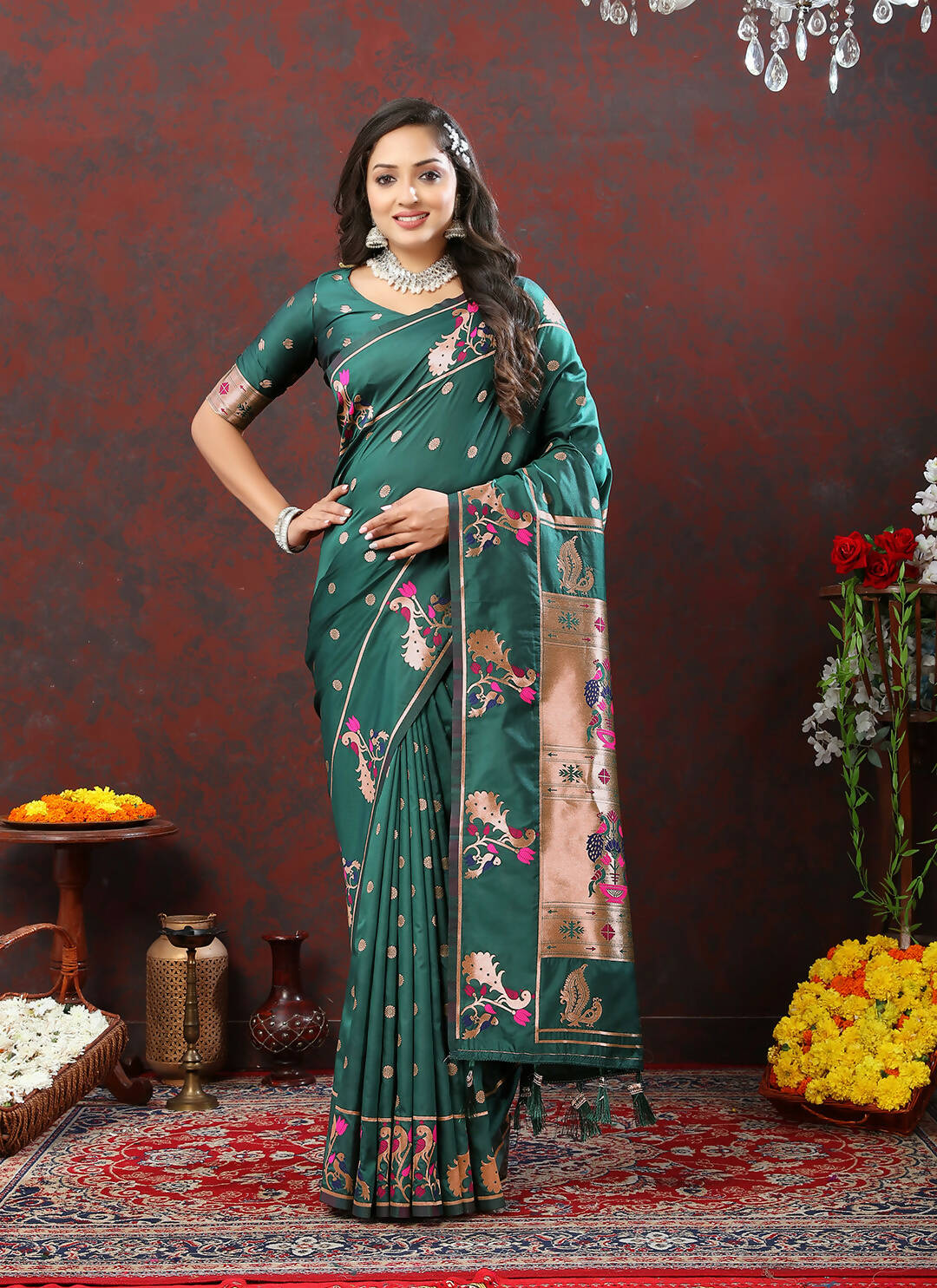 Lorenvalley Fashion Green Soft Paithani Silk Woven Design Copper Zari Meenakari Weaving Saree - Swadesiicart